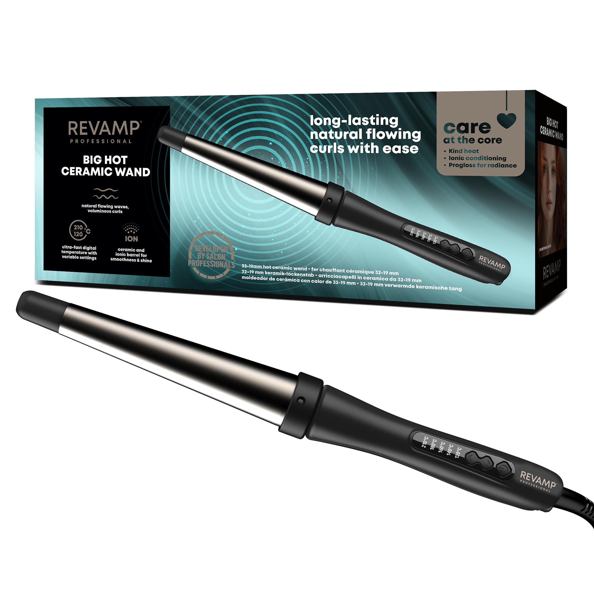 Revamp Progloss Big Hot Wand – Heated Ionic Ceramic Hair Wand for Loose Curls and Waves, Super Smooth Oil Infused Barrel, Variable Temperature, Built in Stand and Heat Resistant Glove Included