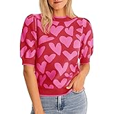 Saodimallsu Womens Puff Short Sleeve Heart Sweater Valentines Crew Neck Graphic Knit Pullover Crop Tops