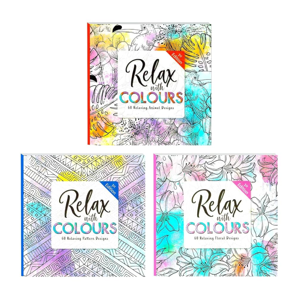 Styloo Adult Colouring Books, 180 Designs – Animal, Floral, and Pattern Illustrations – Mindfulness and Relaxing Drawing Pad - (Series 1, 3 Books)