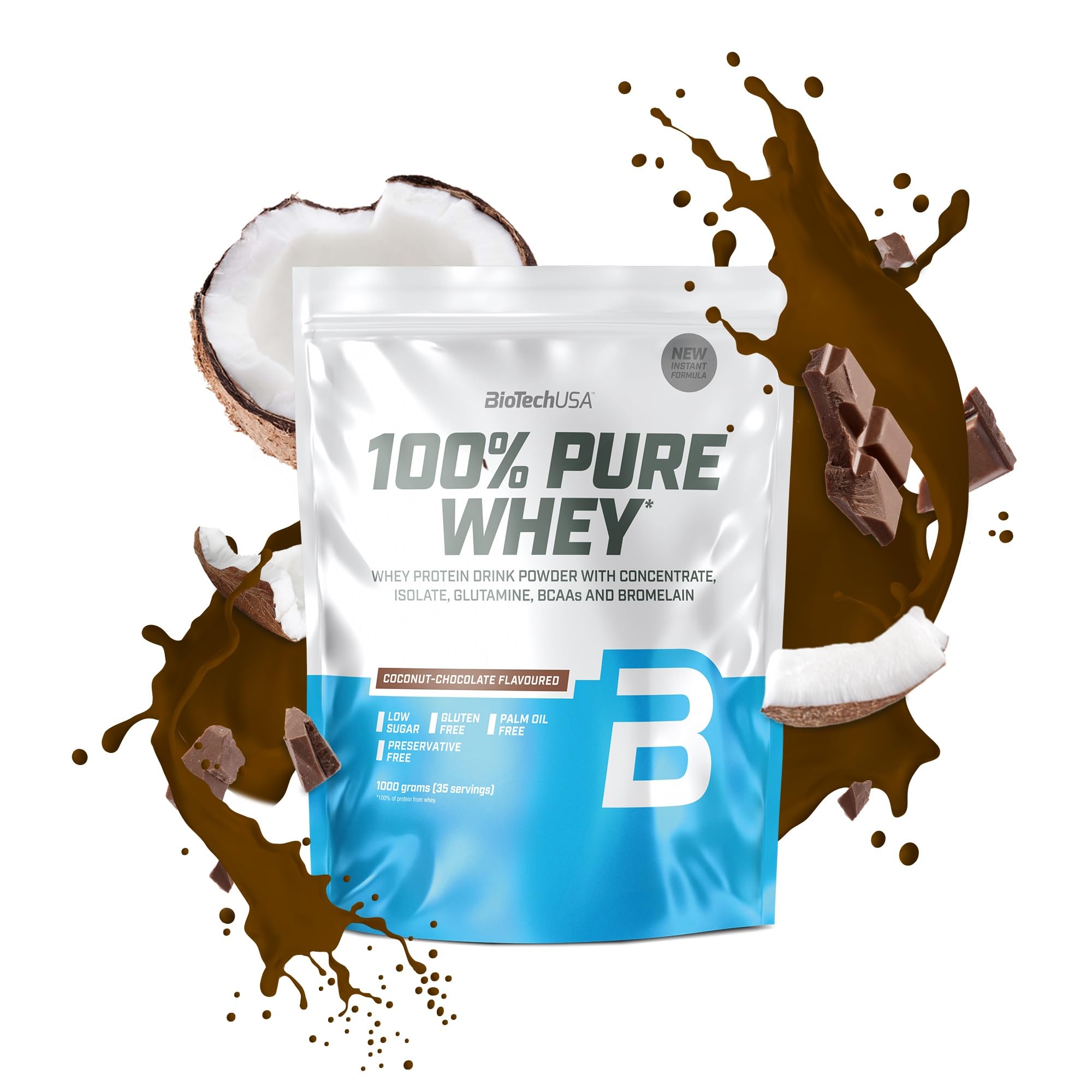 BioTechUSA 100% Pure Whey | Protein Powder with BCAA and Glutamine | Gluten-Free, Palm Oil Free | 21g Protein per Serving, 1 kg, Coconut-Chocolate