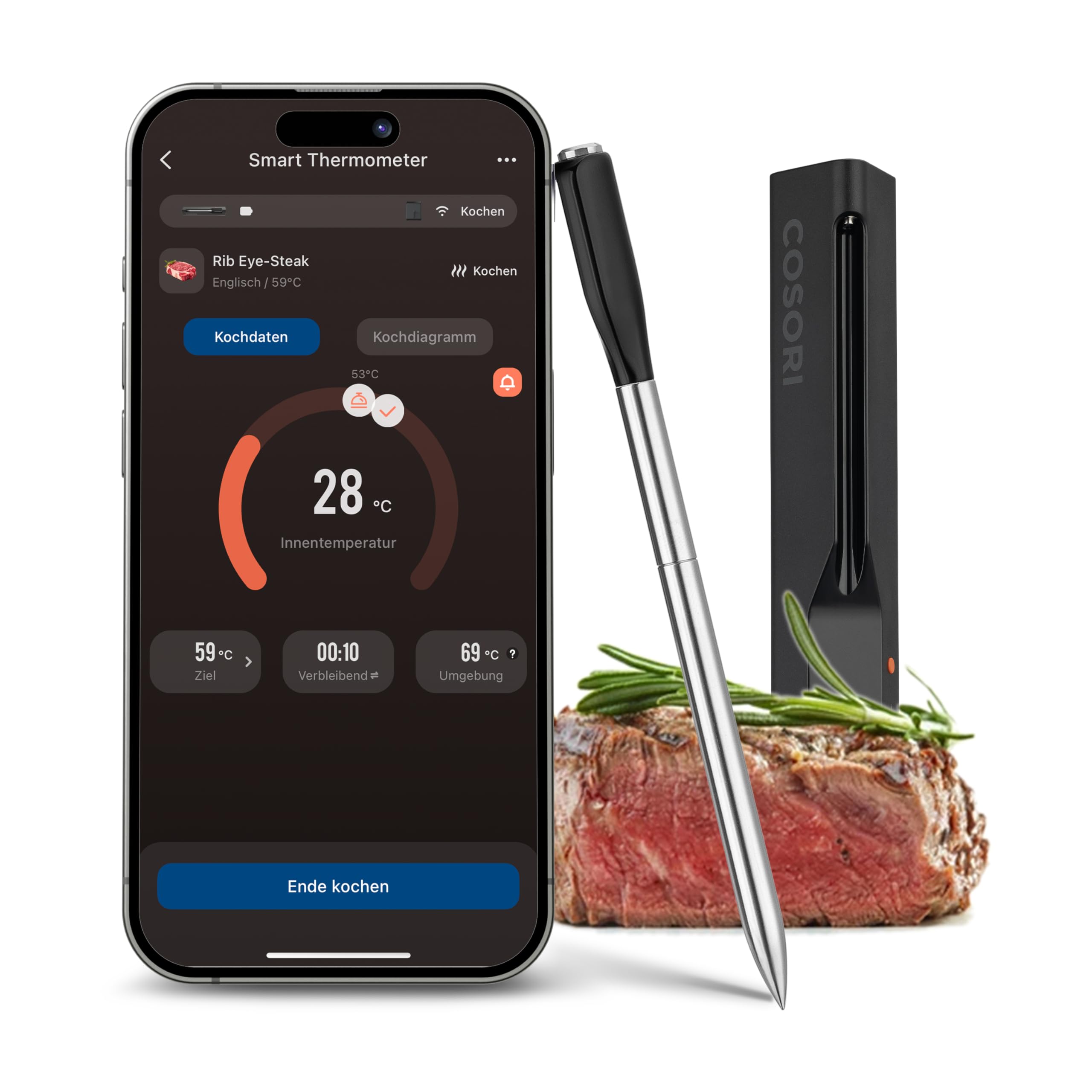COSORI Erstes Smartes Fleischthermometer, Kabelloses Grillthermometer Bluetooth, perfekt für Heißluftfritteuse, Bratenthermometer für Küche und Grill, Spülmaschinenfest, Schwarz