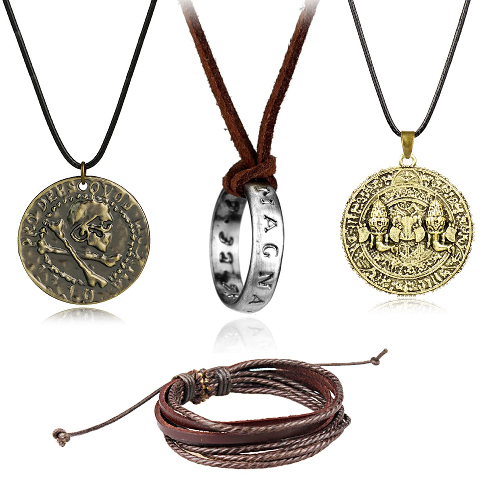 YouU 4 pcs Drake Ring Necklace Antique Brass Plated Alloy Drake Ancient Coins Pendant Necklace Unisex Multilayer Leather Adjustable Bracelet Cuff Wrap Multicolor Rope Wristband