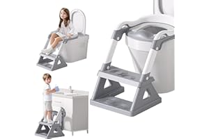 AKIMRABY Potty Training Seat with Step Stool, Upgraded 2 in 1 Potty Training Toilet for Boys Girls, 3" Splash Guard, Anti-Slip Pads, Adjustable Height, Collapsible Toddler Toilet Seat with Steps