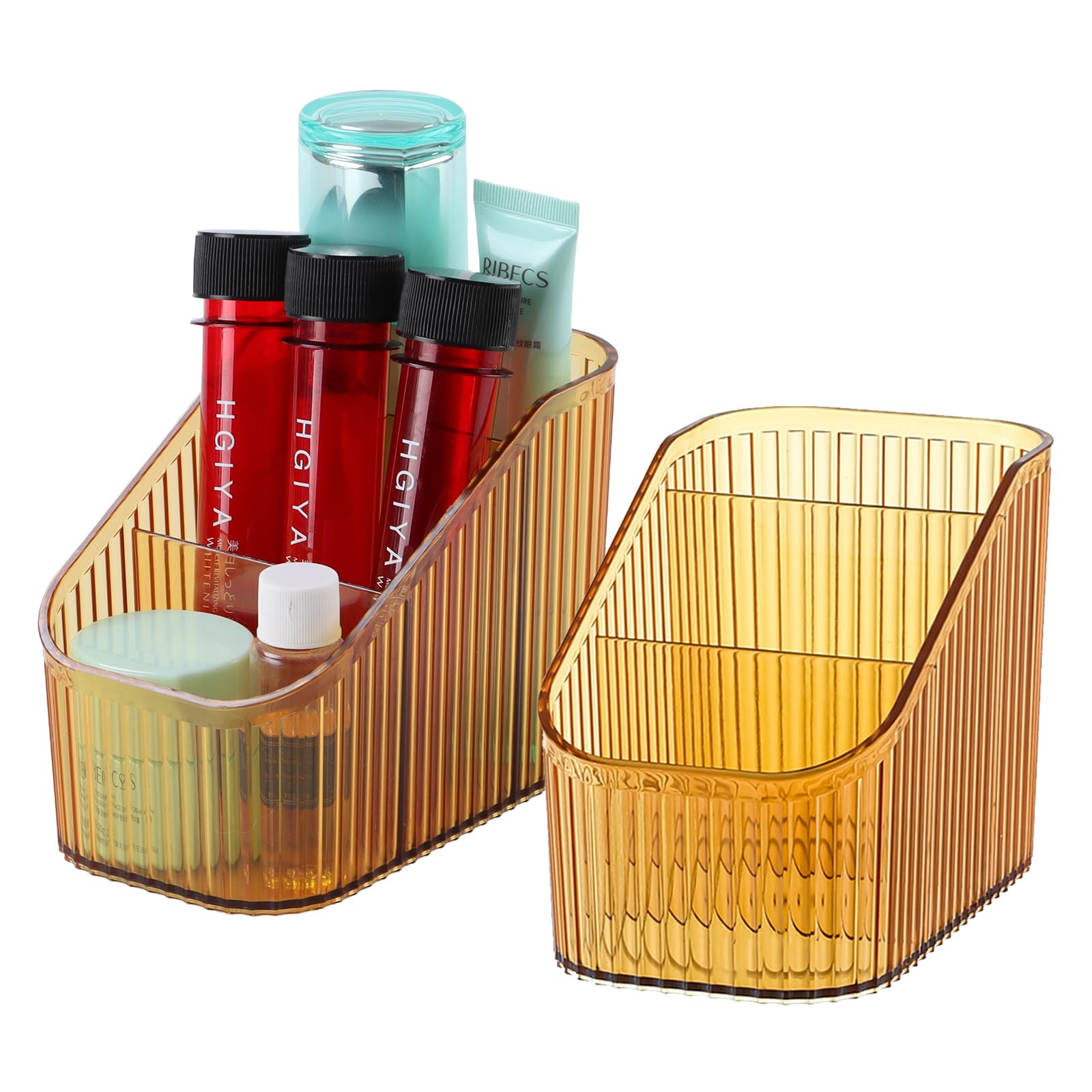 OSteed Amber Makeup Organiser Box for Vanity, Makeup Brush Holder with 6 Cups, Skincare Beauty Cosmetic Storage Box, Dressing Table Organiser Storage — image 1