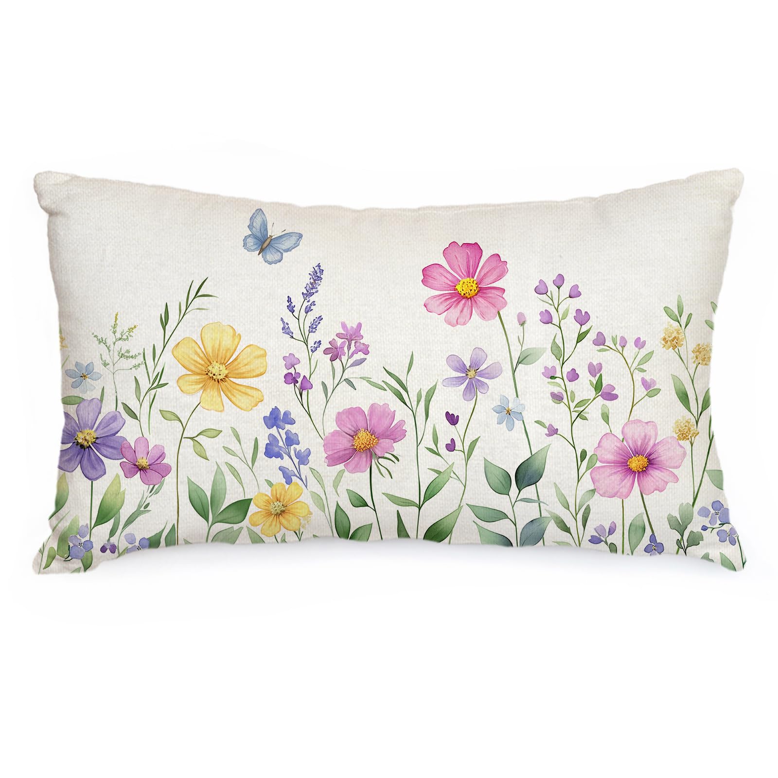 AACORS Spring Pillow Cover 12X20 Inch Multi-Colored-Flowers Butterfly Decorations Seasonal Summer Pillow Case Decor for Sofa Couch AA056-12