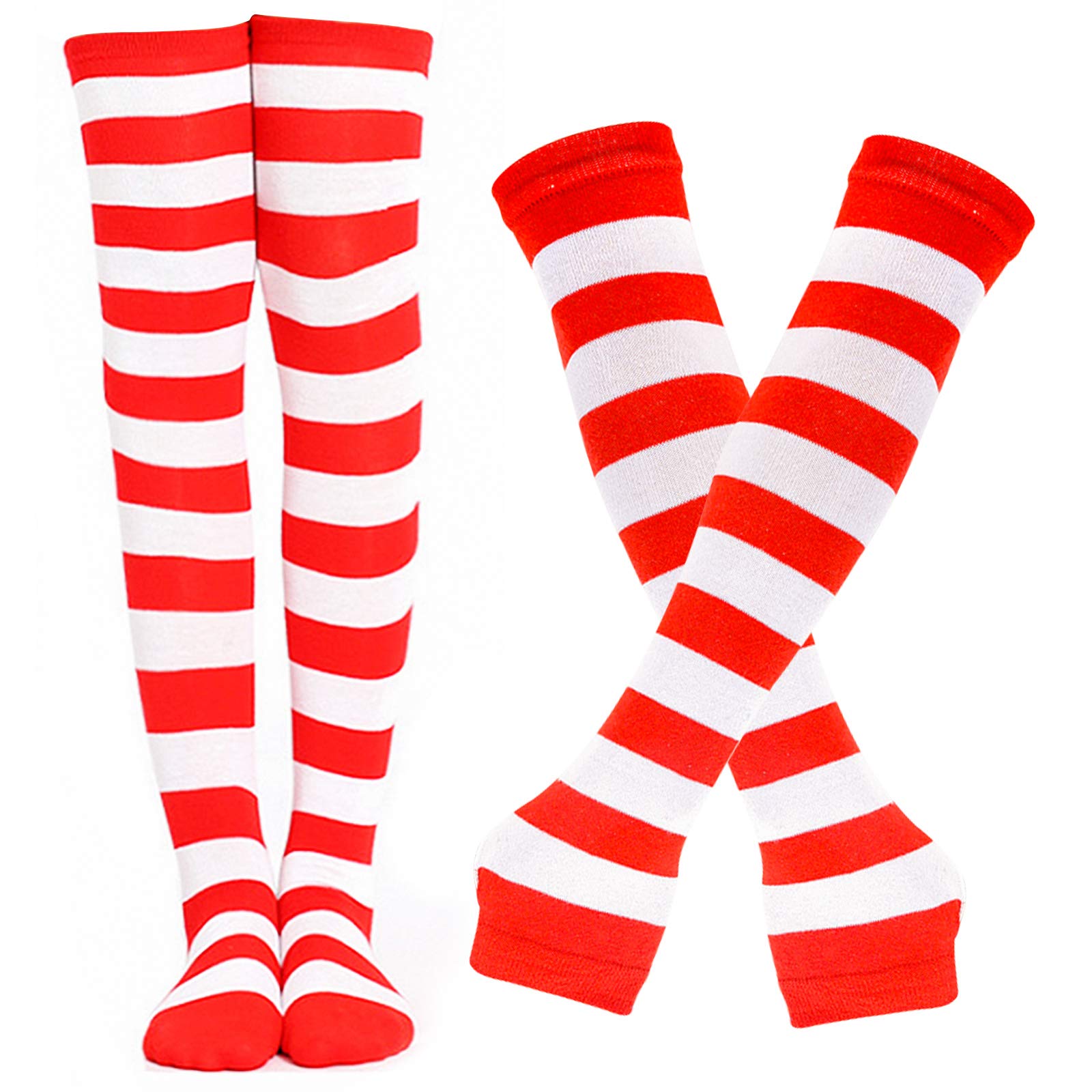 BigOtters Red and White Striped High Knee Socks, Including Candy Cane Knee Socks and Long Arm Warmer Gloves Crazy Outfits for Girls Women Holiday Themed Party, Cheerleading, Sports Costume