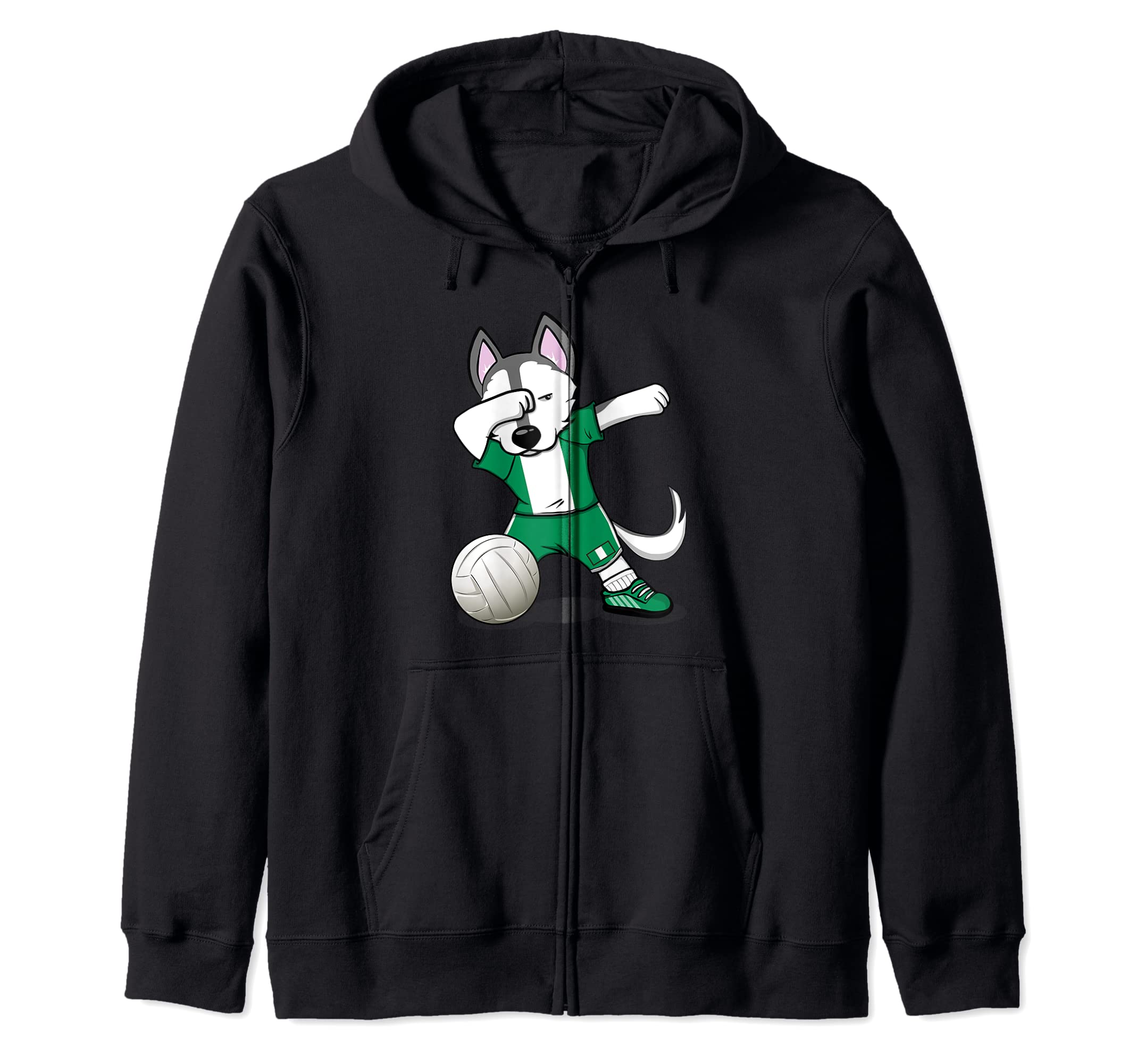 Dabbing Husky Nigeria Volleyball Fans Jersey Nigerian Flag Zip Hoodie