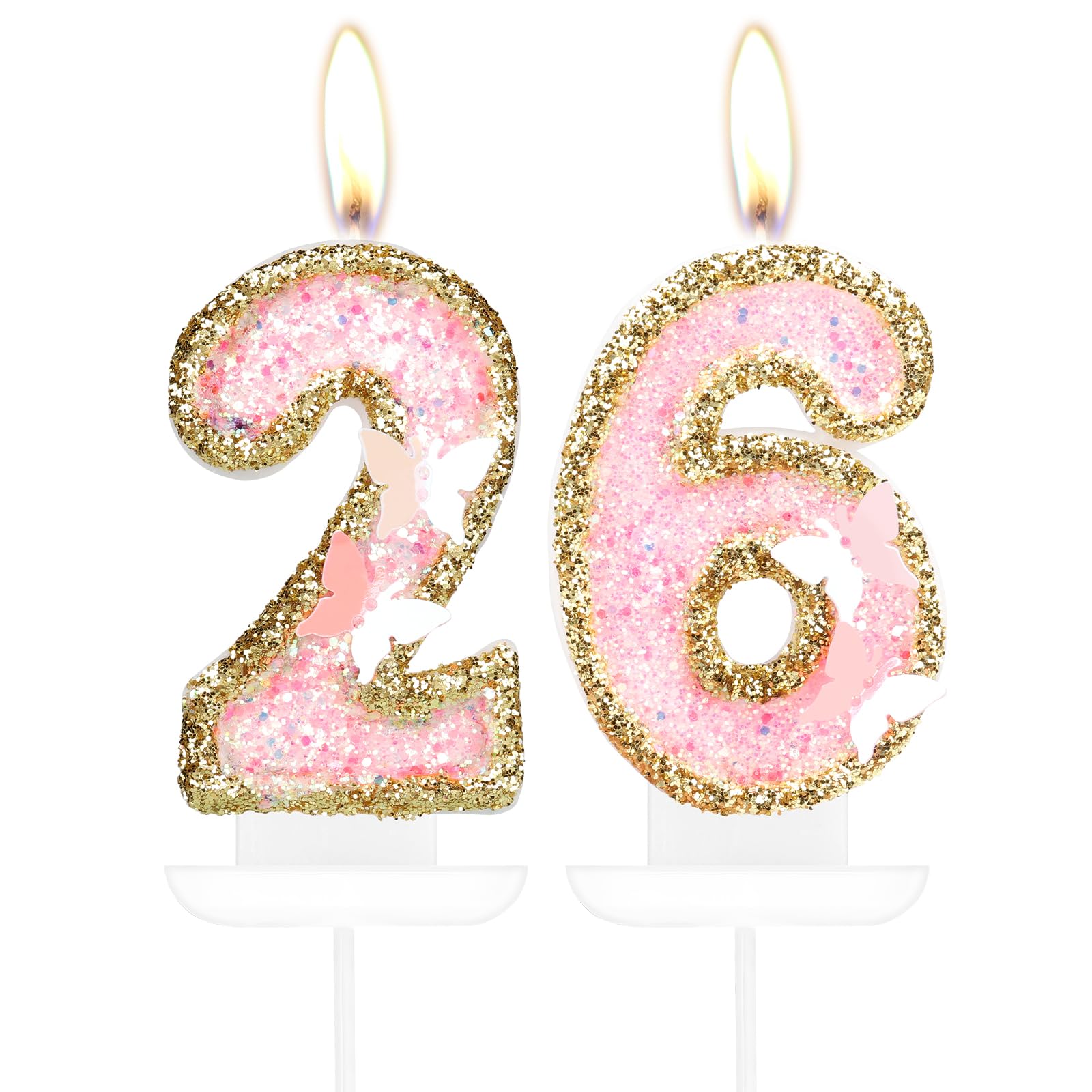 Photo 1 of iNINGER Birthday Candle,Butterfly 26th Birthday Party Decorations for Women/Girl,Gold Pink Birthday Number 26 Candle,2.75" Large Glitter Birthday Candles Wedding Cake Topper Anniversary Party Decor