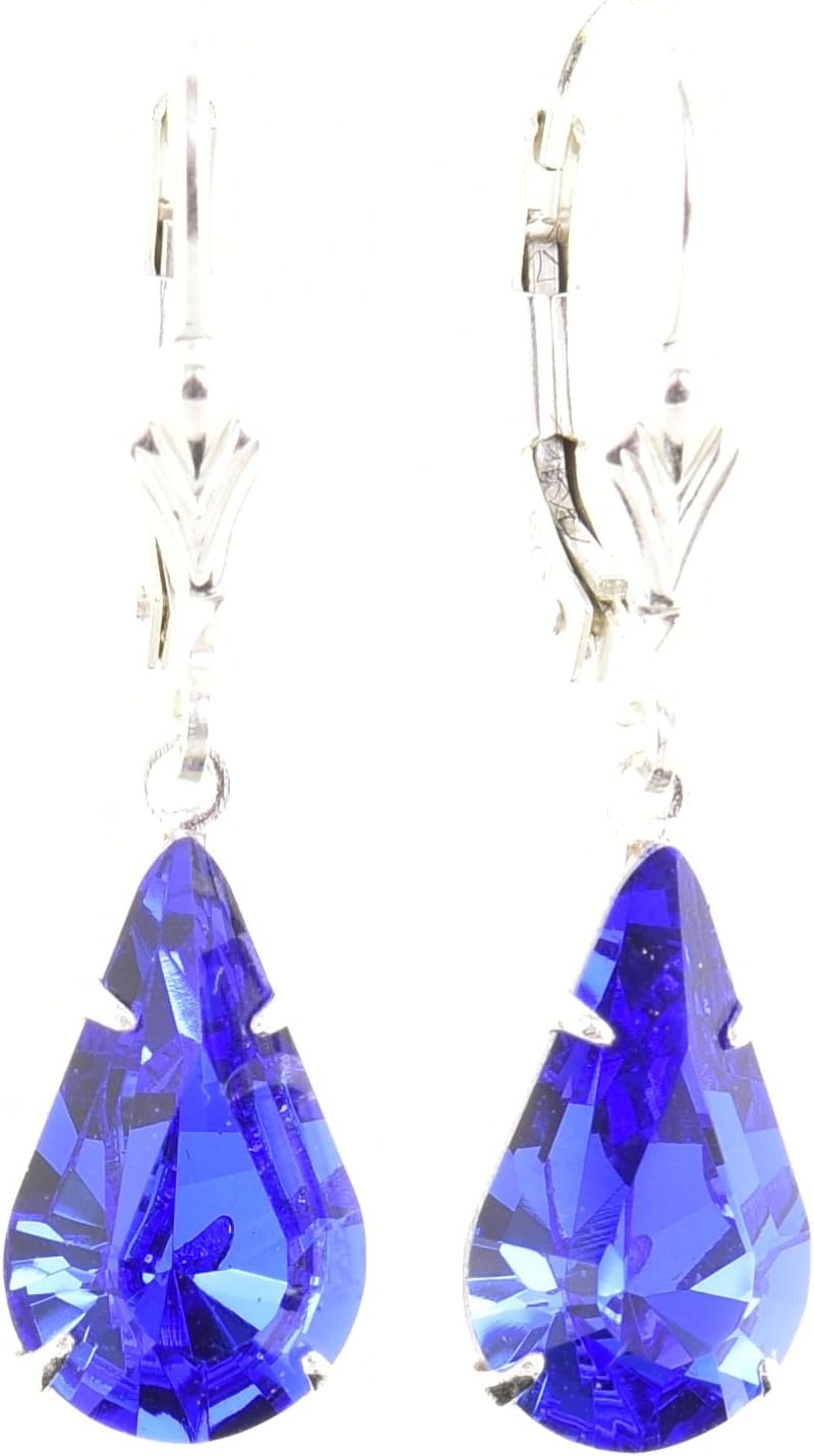 925 Sterling silver drop earrings for women made with sparkling Majestic Blue teardrop crystal from Swarovski. Gift box. Made in the UK. Hypoallergenic & Nickle Free for Sensitive Ears.