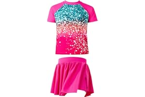 METEORITO Girls Rashguard Set Flowy Skirt with Butterfly Short Print Short Sleeve Shirt Non-See Through Swimsuit 3-12 Years