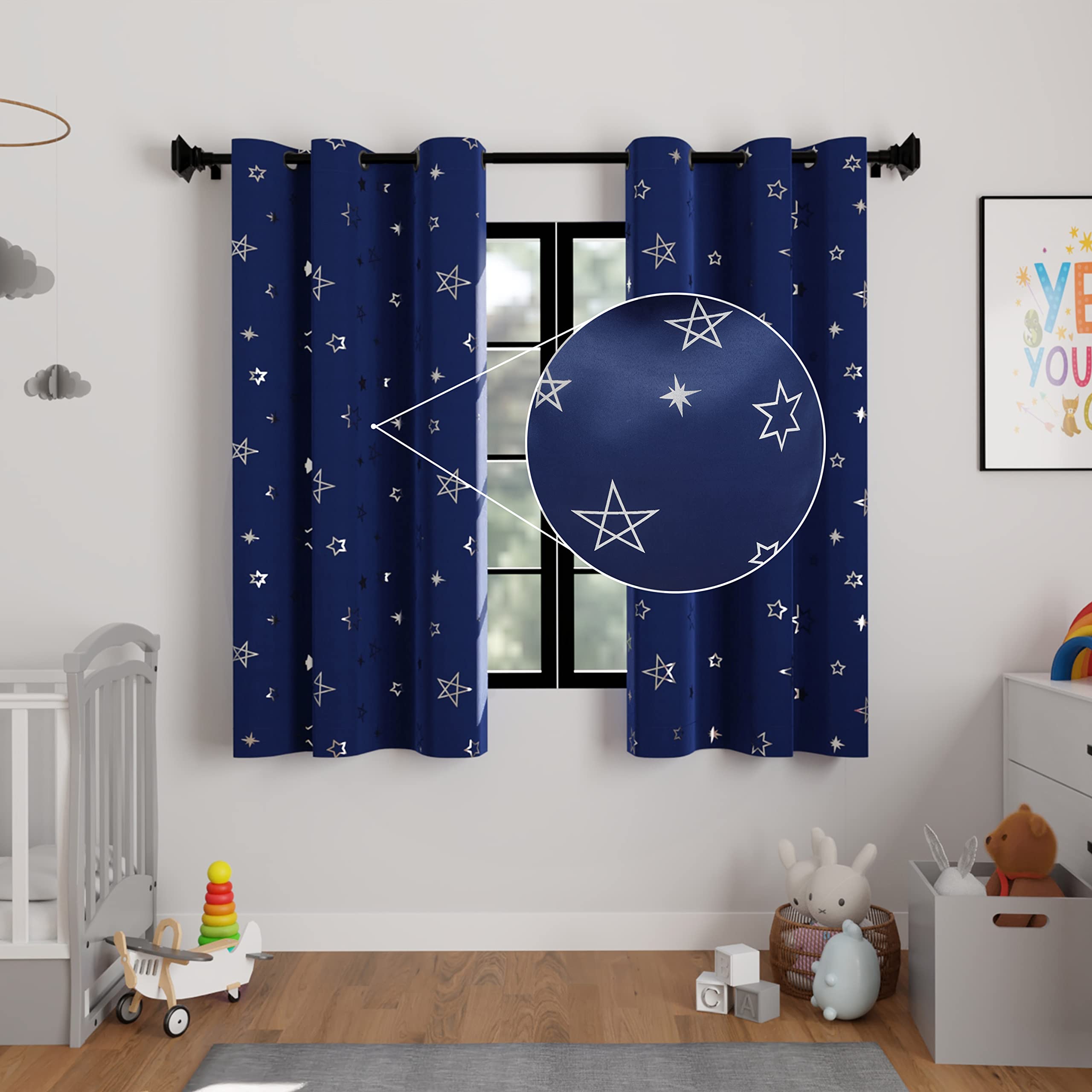Encasa XO Printed Blackout Curtains 44x54 in, 2 pcs | Silver Foil Star Navy Design I Room Darkening - Blocks 85% Light | Sound And Heat Reduction For Bedroom, Living Room I Machine Wash