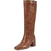 ISNOM Knee High Boots Women Chunky Low Heel Square Toe Elastic Boots Side Zipper Faux Leather Fall Long Tall Boot