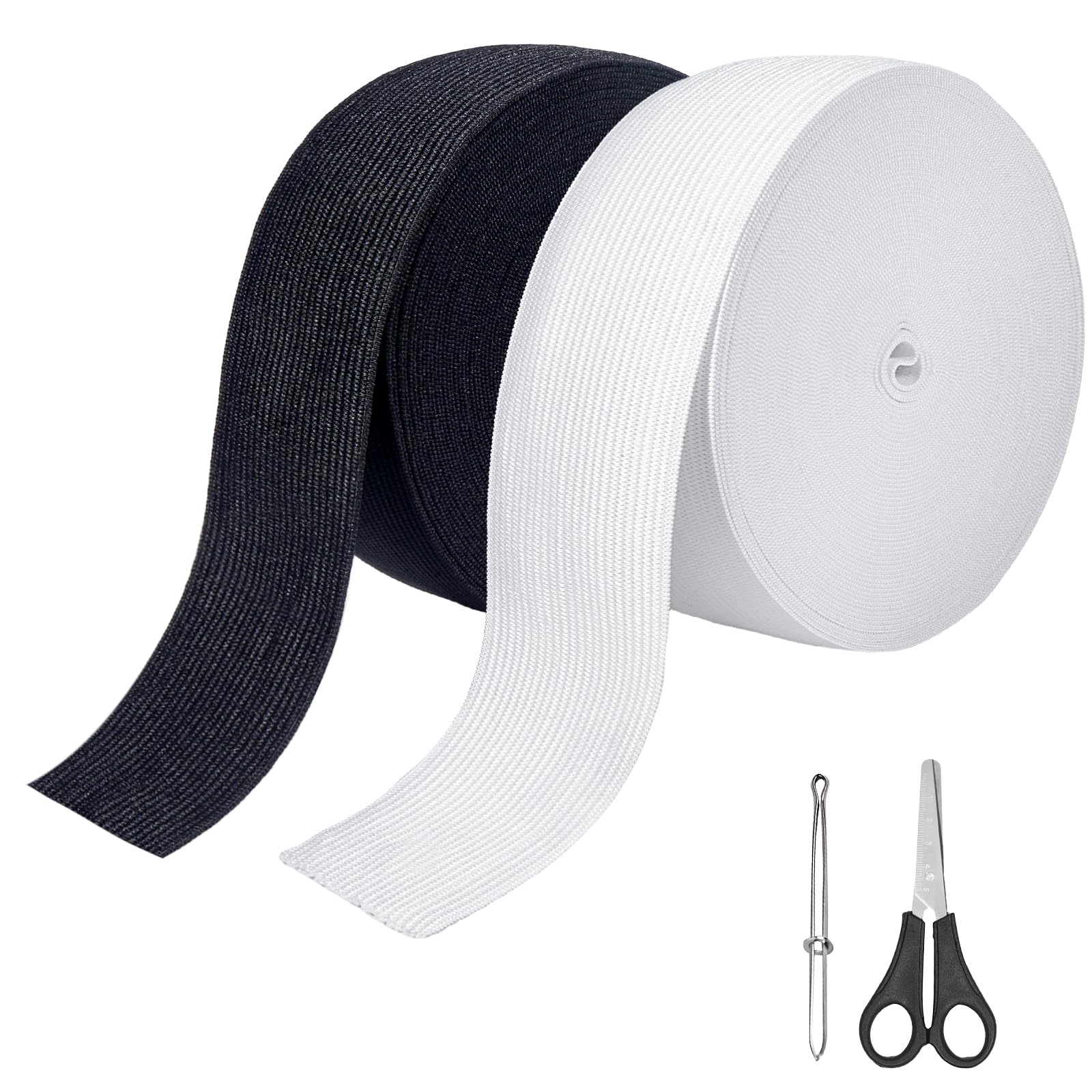 Furuising 2 Rolls White & Black Elastic for Sewing 50mm(2 inch) Wide, 20M(10M Each) Flat Elastic Bands, Sewing Elastic Bands with Scissor, Threading Pinch, Stretchable Waistband for Trouser, Headbands
