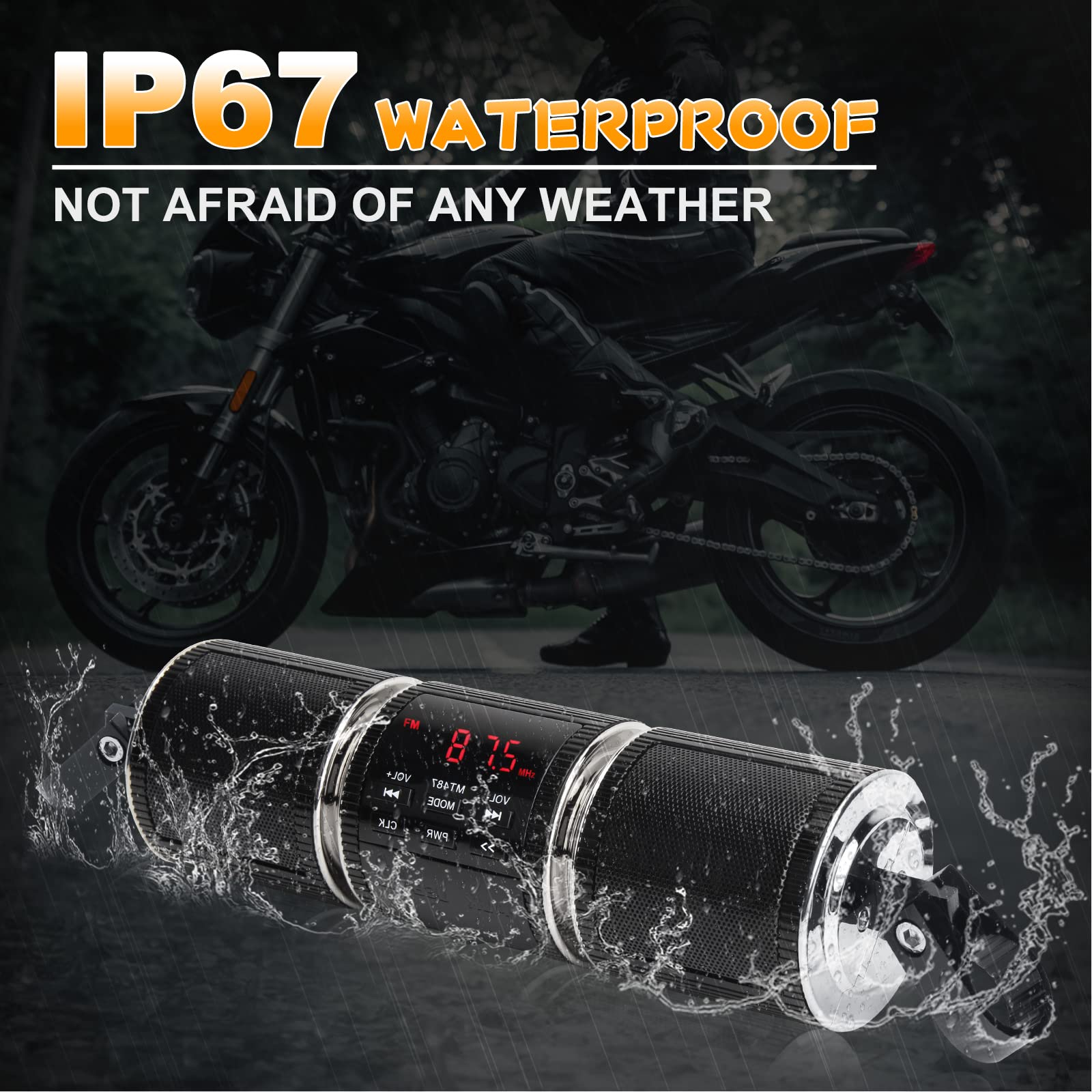 Motorcycle Speaker Systems BT Waterproof Stereo Speakers Bar Mount 7/8-1.25 inch with AUX-in, USB, microSD, FM Radio,Audio Amplifier System for Motorcycle ATV UTV (MT487)