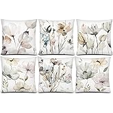 COMMINY Brown White Grey Pillow Covers 18x18 Set of 6 Flower Throw Pillow Cover for Couch Modern Decorative Watercolor Floral Cushion Cover for Sofa Bedroom Living Room Farmhouse Home Decor