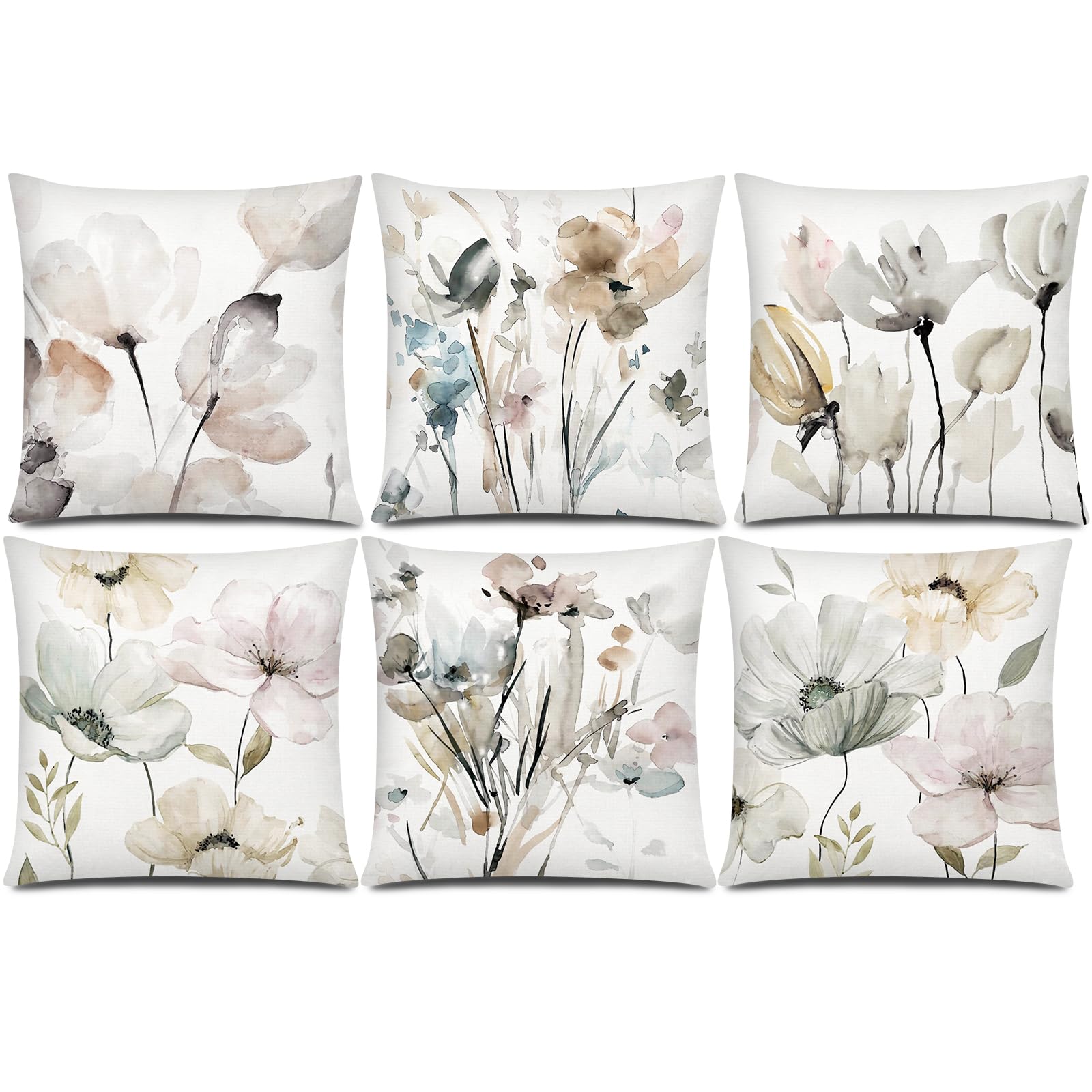 Photo 1 of COMMINY Brown White Grey Pillow Covers 20x20 Set of 6 Flower Throw Pillow Cover for Couch Modern Decorative Watercolor Floral Cushion Cover for Sofa Bedroom Living Room Farmhouse Home Decor