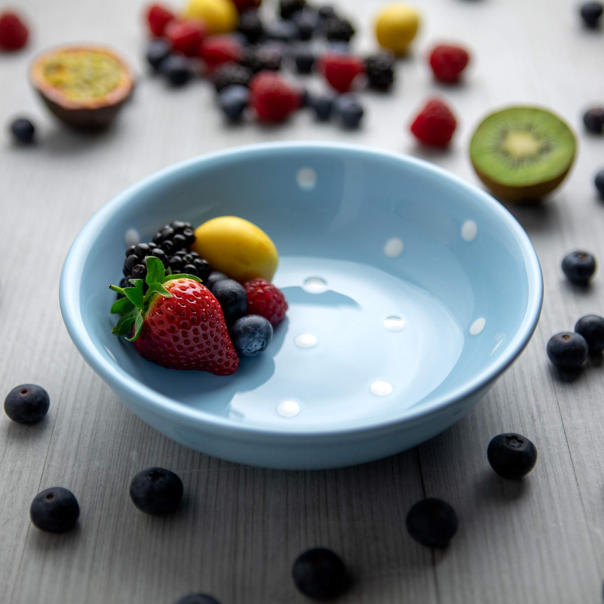 City to Cottage Light Sky Blue and White Pottery | Polka Dot Spotty | Handmade Hand Painted | Glazed Ceramic 7.3inch/18.5cm, 14oz/400ml Large Salad, Pasta, Fruit, Cereal, Soup Bowl | Unique Tableware