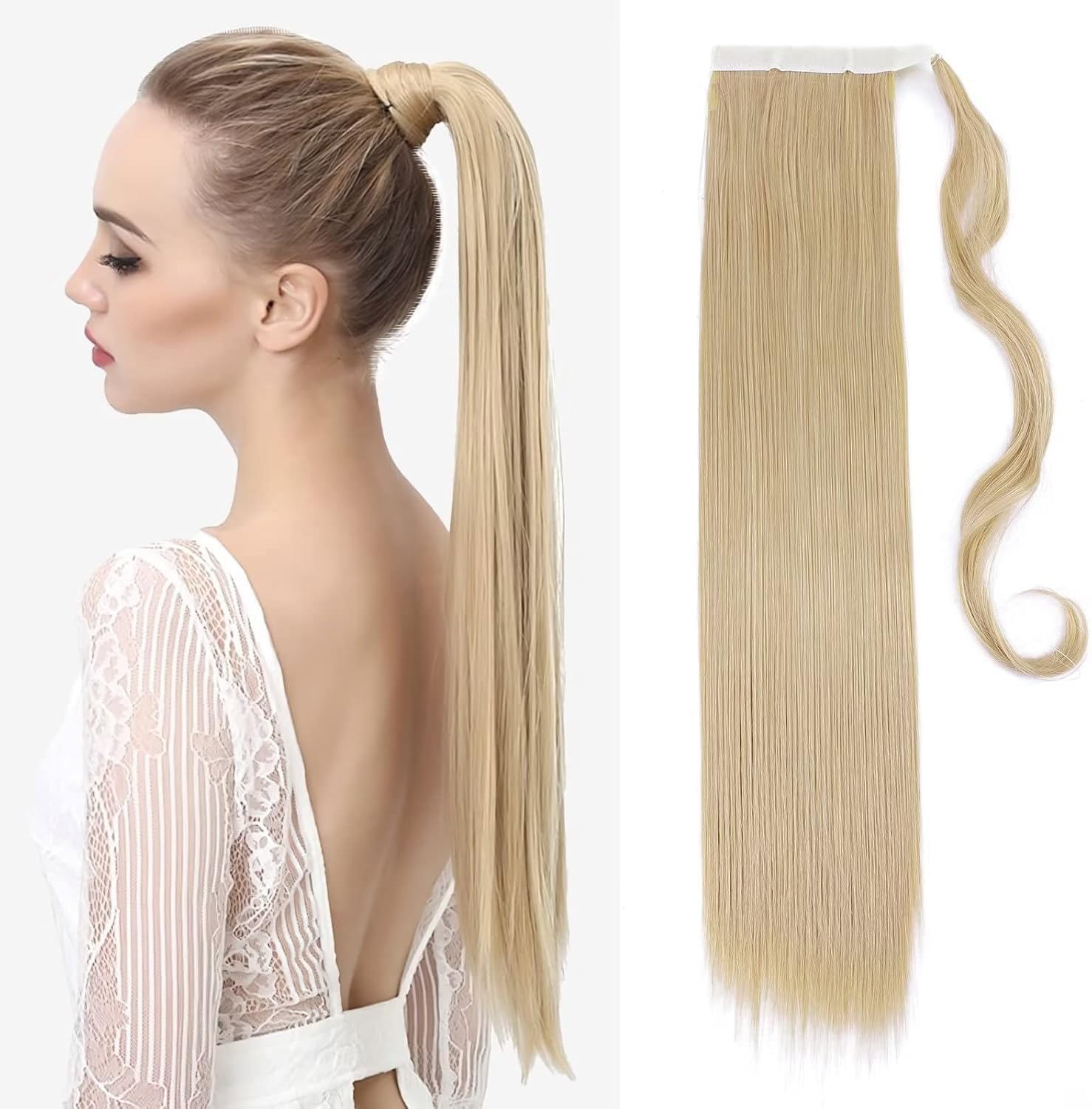 TESS Clip in Ponytail Extension Blonde 23",Hair Extensions Ponytail Synthetic Wrap Around Long Straight Fake Pony Tails Hair Pieces for Women(#18/613) — image 1