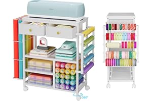 LYUWANXIAN Large Craft Wrapping Paper Organizers Cart, Rolling DIY Storage for Birthday with 2 Fabric Drawers, Lockable Wheels Cart for Vinyl Roll, Craft Supplies, Multi-Tier Craft Tape Holder