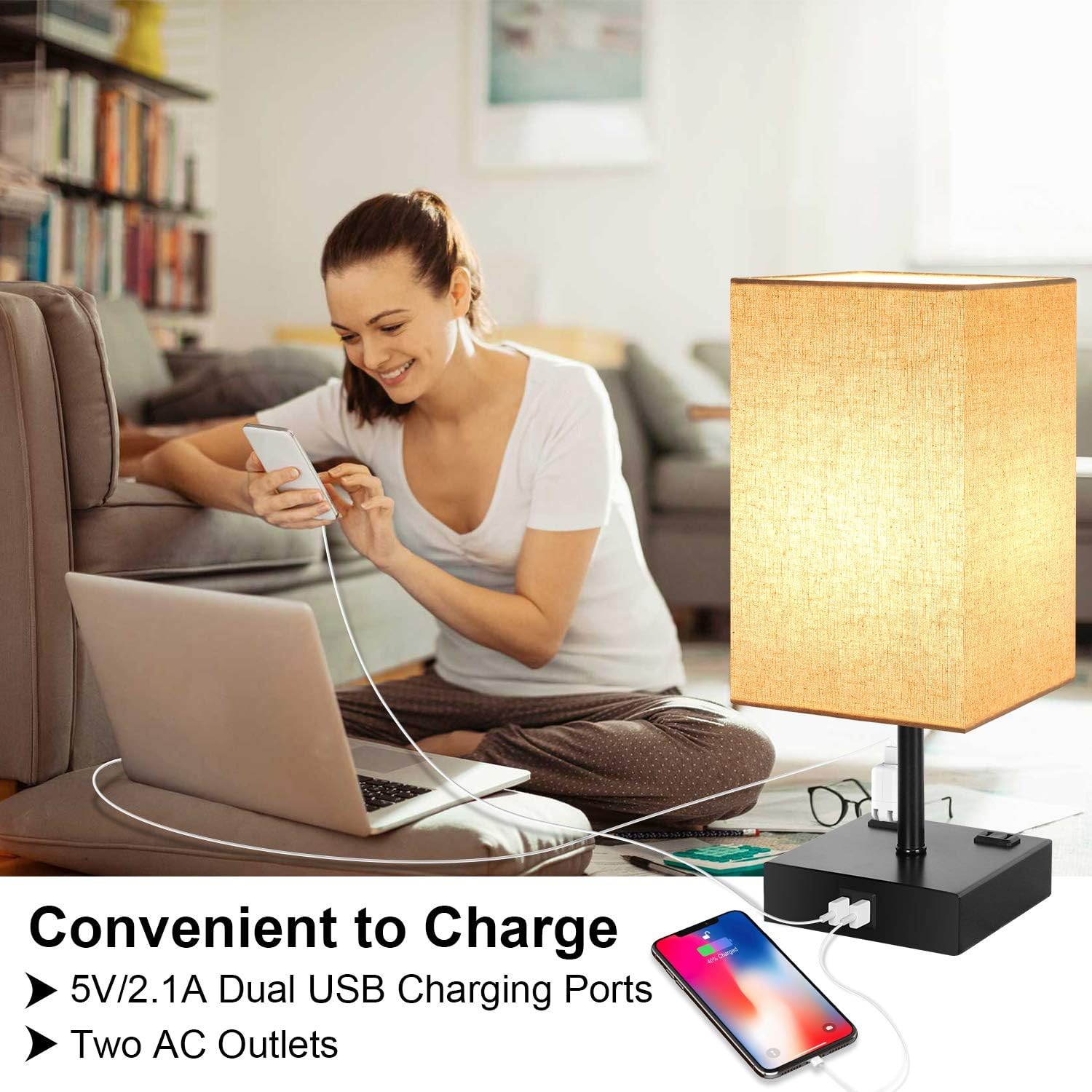 3 Way Dimmable Touch Control Table Lamp, Modern Bedside Desk Lamp with 2 Fast USB Charging Ports 2 AC Outlets, Nightstand Lamp for Bedroom Living Room Office, 60W LED Bulb Included, Black Base: Home Improvement