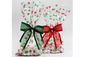 Saybrook Products Christmas Dog Paw Print Holiday Cellophane Treat Party Favor Bags with Twist-Tie Organza Bow. Set of 10 Ready-to-Use, Gussetted 11x5x3 Goodie Bags with Red & Green Bows.
