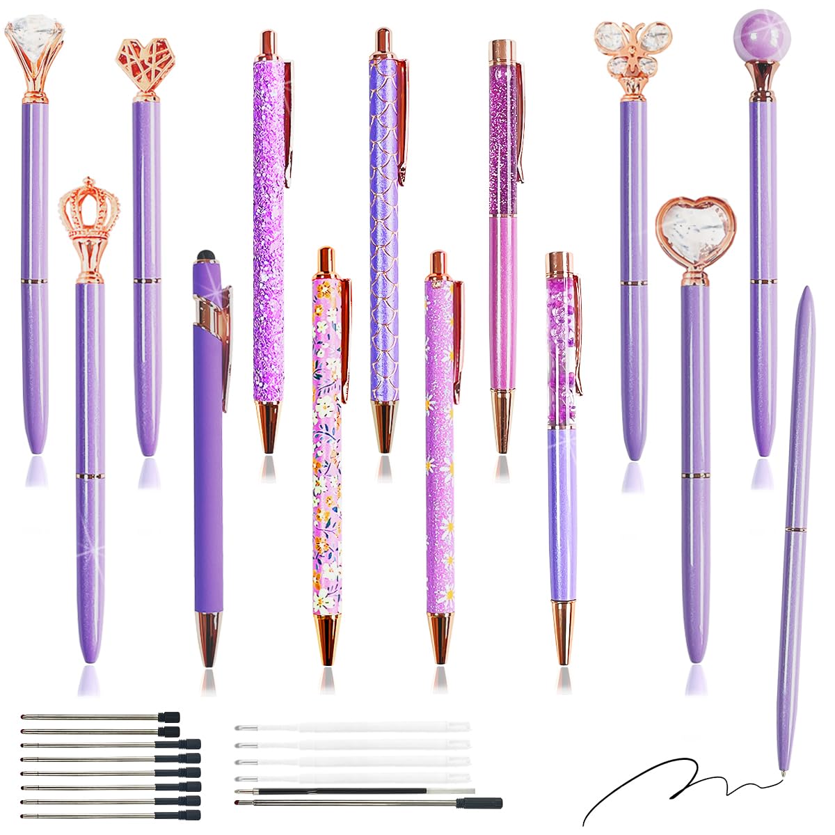 XingyLi 28Pcs Purple Pen Crystal Diamond Ballpoint Pens Set, 14 Retractable Bling Glitter Metal Crown Ball Point Pens with 14 Black Ink Refills, Liquid Sand Pretty Pens, Creative Fancy Gifts