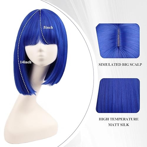 WECAN Blue Bob Wig with Bangs Blue Wig for Women Short Bob Blue