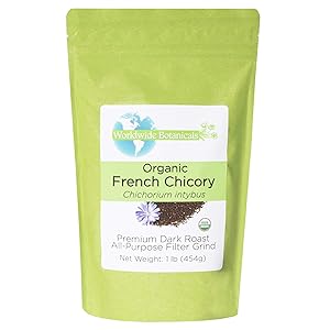 Worldwide Botanicals Organic French Chicory Root - Dark Roast, Brew Like Coffee, Blend Roasted Chicory Root With Coffee, Coffee Alternative, Acid Free, Caffeine Free, Kosher, 1 Pound