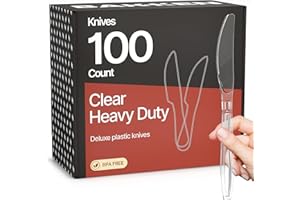 BAKKENMASTER Bakken Disposable Cutlery Set 100 Pieces Knives, Heavy Duty Plastic Silverware, BPA-Free Food-Grade Materials, Heat-Resistant, Reusable Utensils for Parties, Catering, BBQs, and Everyday Use, Clear