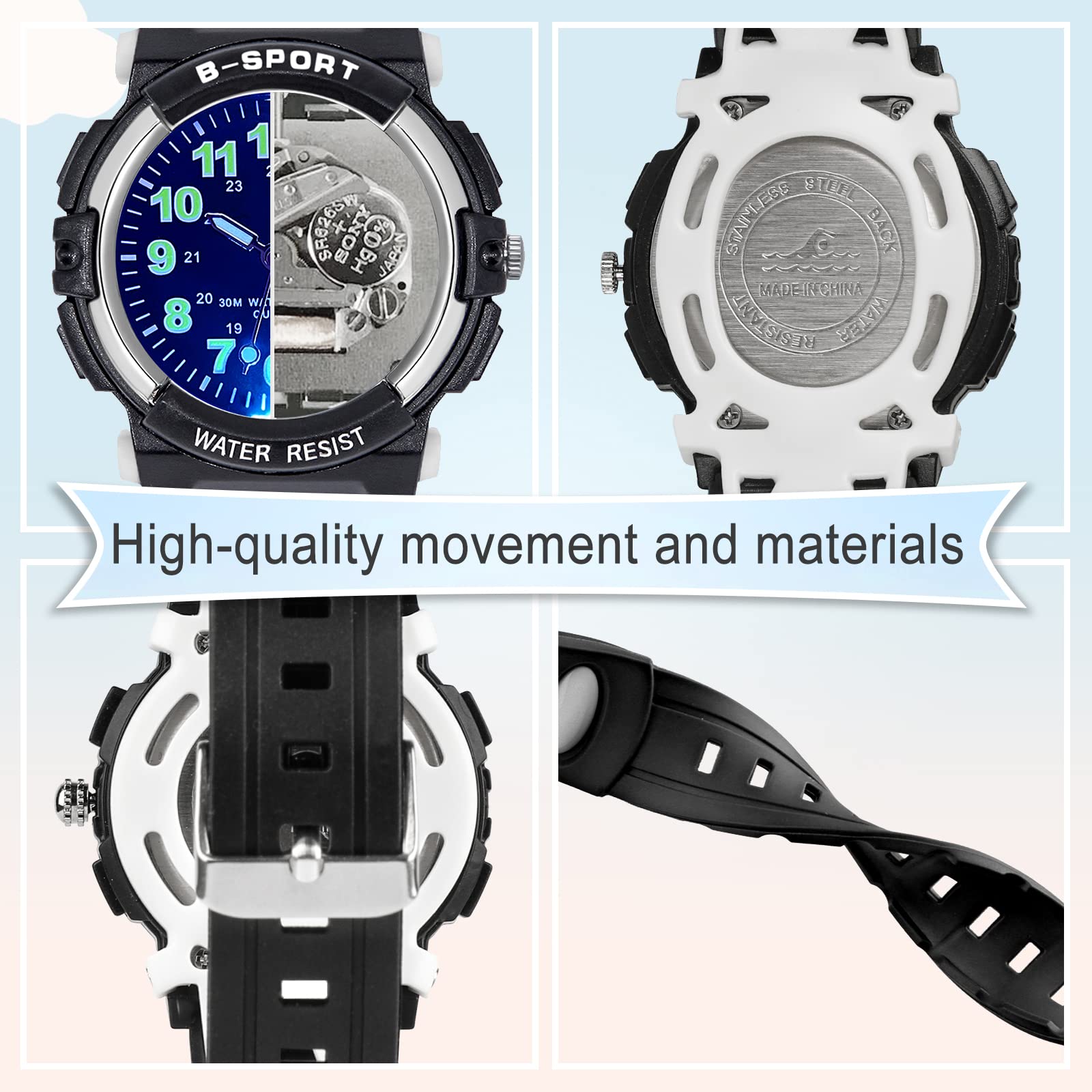 DTKID 7 Colorful Lights Children's Watch Boys Girls, Kids 30 M Waterproof Analog Watches Soft Rubber Band, Easy to Read Dial Time Lessons Wristwatch Children 5-18 Years Old