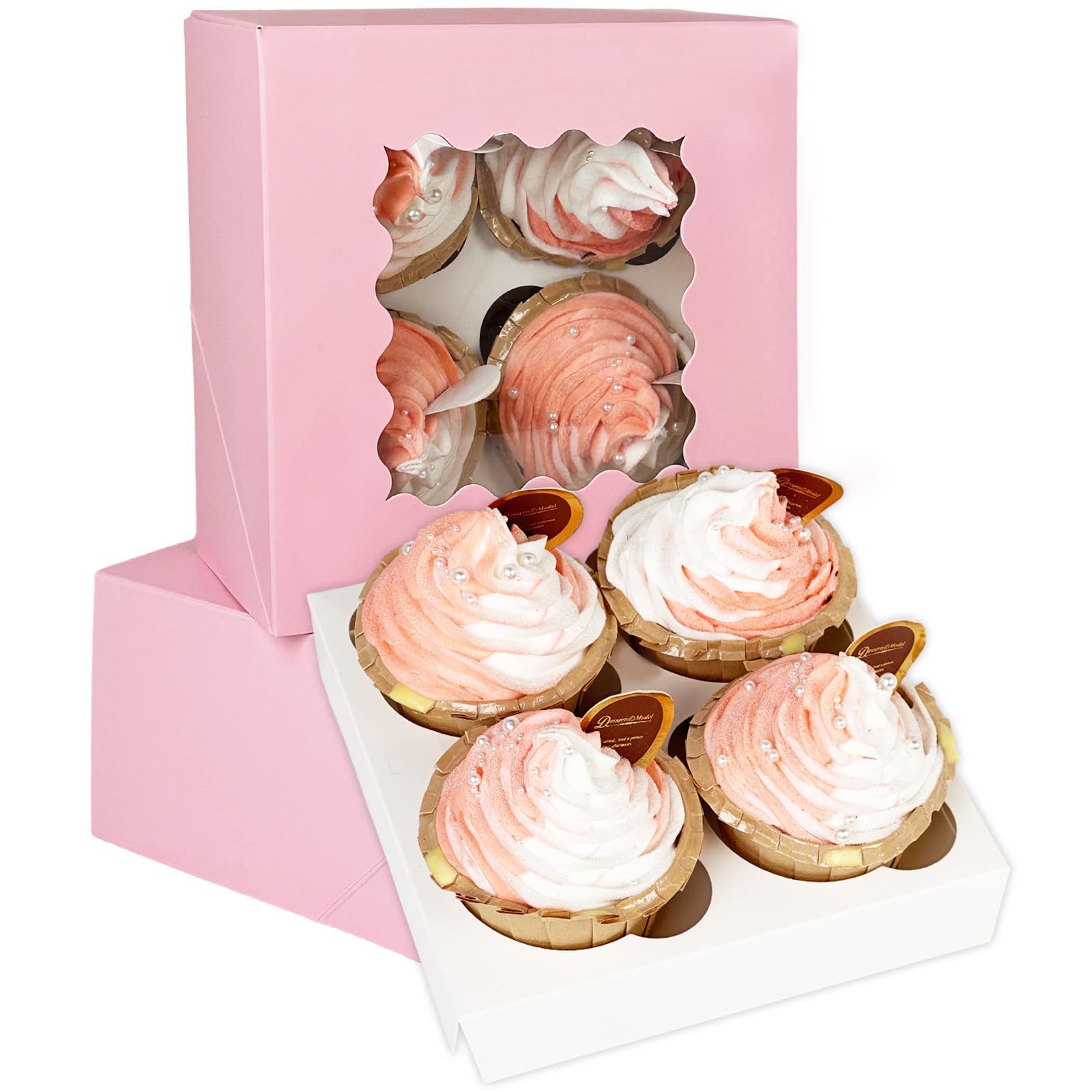 Gcardist Auto-pop Up 4 Cupcake Boxes with Window Pink 12 Packs Cupcake Box 16x16x7.6cm Bakery Boxes For Cupcakes Carrier, Cupcake Containers (6.3x6.3x3 inch)