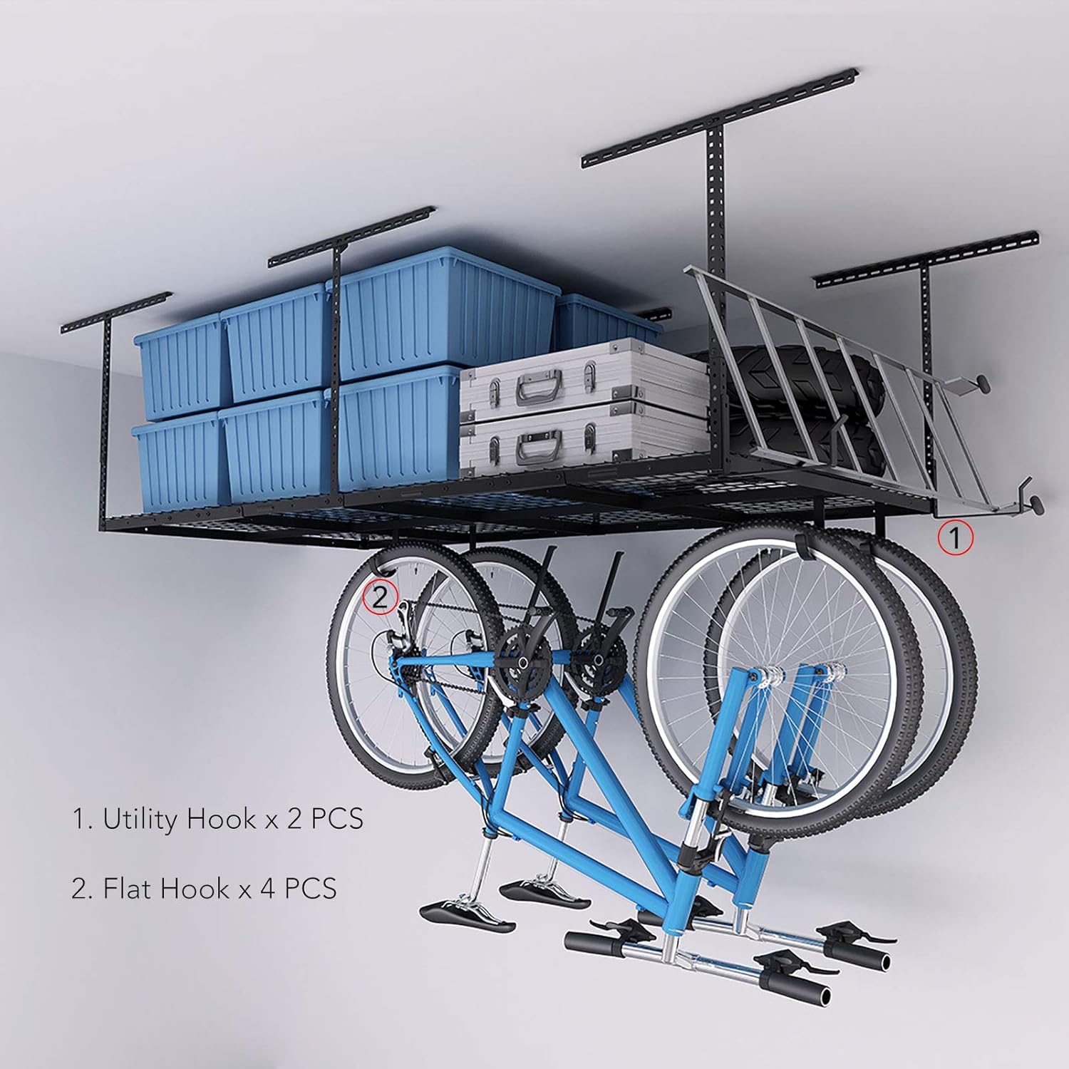 FLEXIMOUNTS 4x8 Overhead Garage Storage Rack w/Hooks Adjustable Ceiling Storage Rack, 96" Length x 48" Width x 40" Height, 22''-40" Ceiling Dropdown, Black - - 