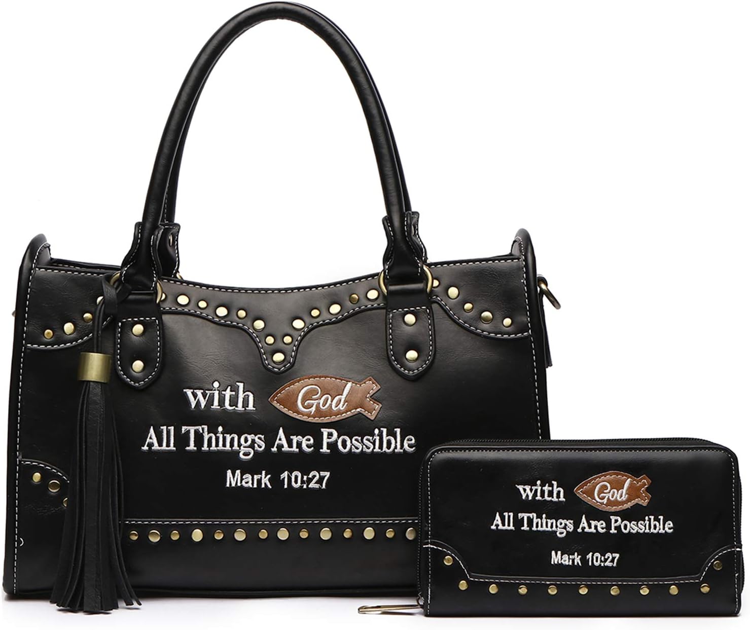 Western Style Embroidered Bible Verse Mark 10:27 Handbag Country Purse Women Tote Shoulder Bag Wallet Set