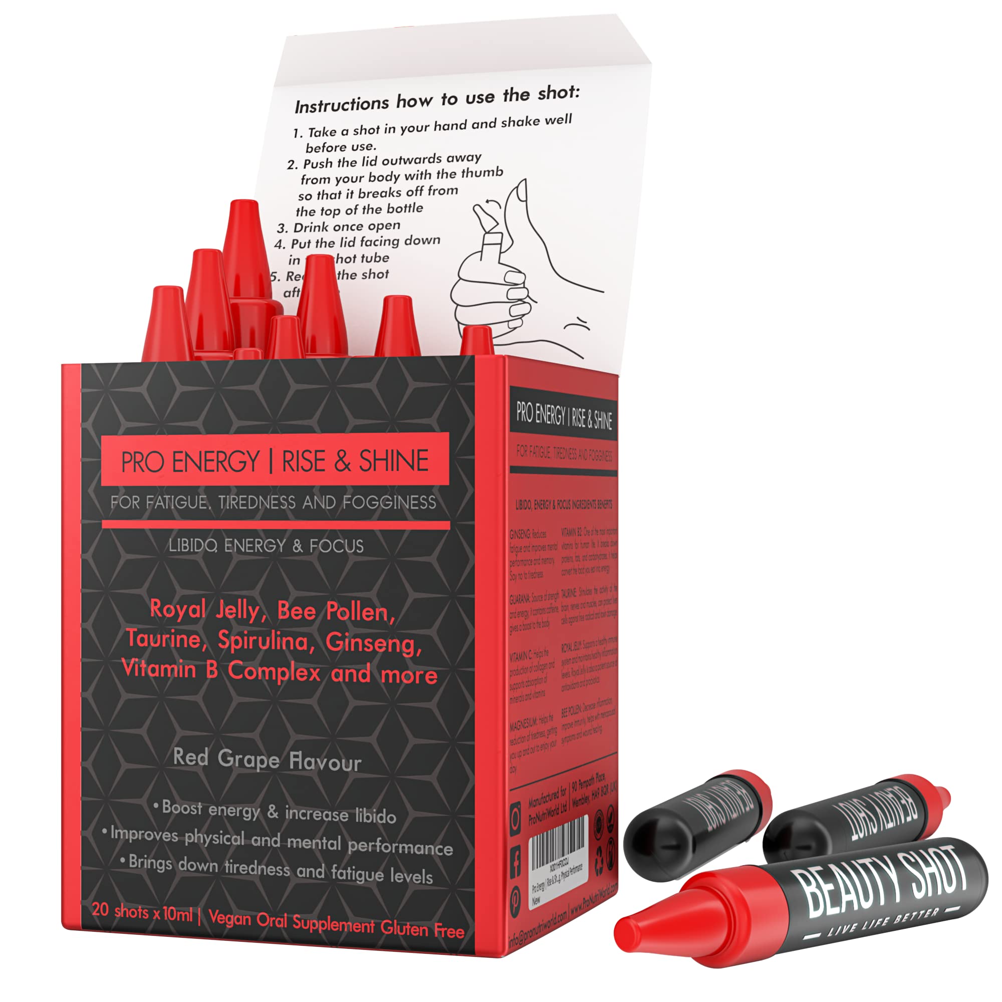 Natural Energy & Focus Shots with Royal Jelly, Red Ginseng, Guarana & Vitamin C | Daily Liquid Supplement for Mental Clarity & Immune Support | 20 Ready-to-Drink Grape Flavour Shots