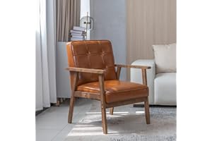 Okeysen Mid Century Modern Accent Chair, Retro Wood Leather Armchairs Side Chair, Lounge Reading Comfy Arm Chair for Living Room, Bedroom, Office (Brown)
