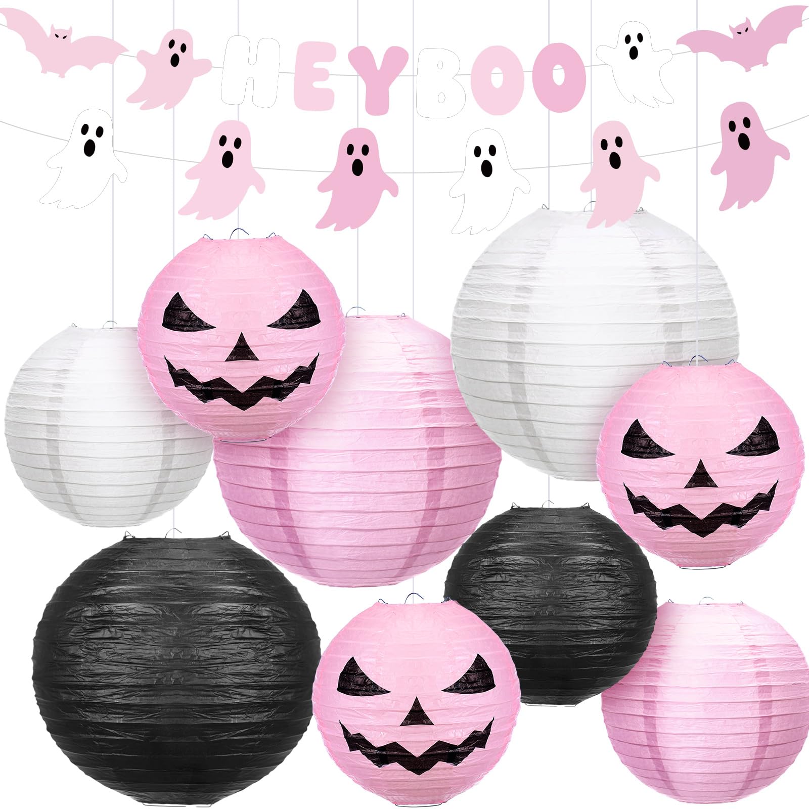 Photo 1 of ****Factory Seal****
Riakrum Pcs Halloween Party Decoration Lantern and Banner, 8 Pink Jack O Paper Pumpkin Lantern Set, 2 Hanging Ghost Banner Garland for Indoor Outdoor Party Hanging Decoration Supplies