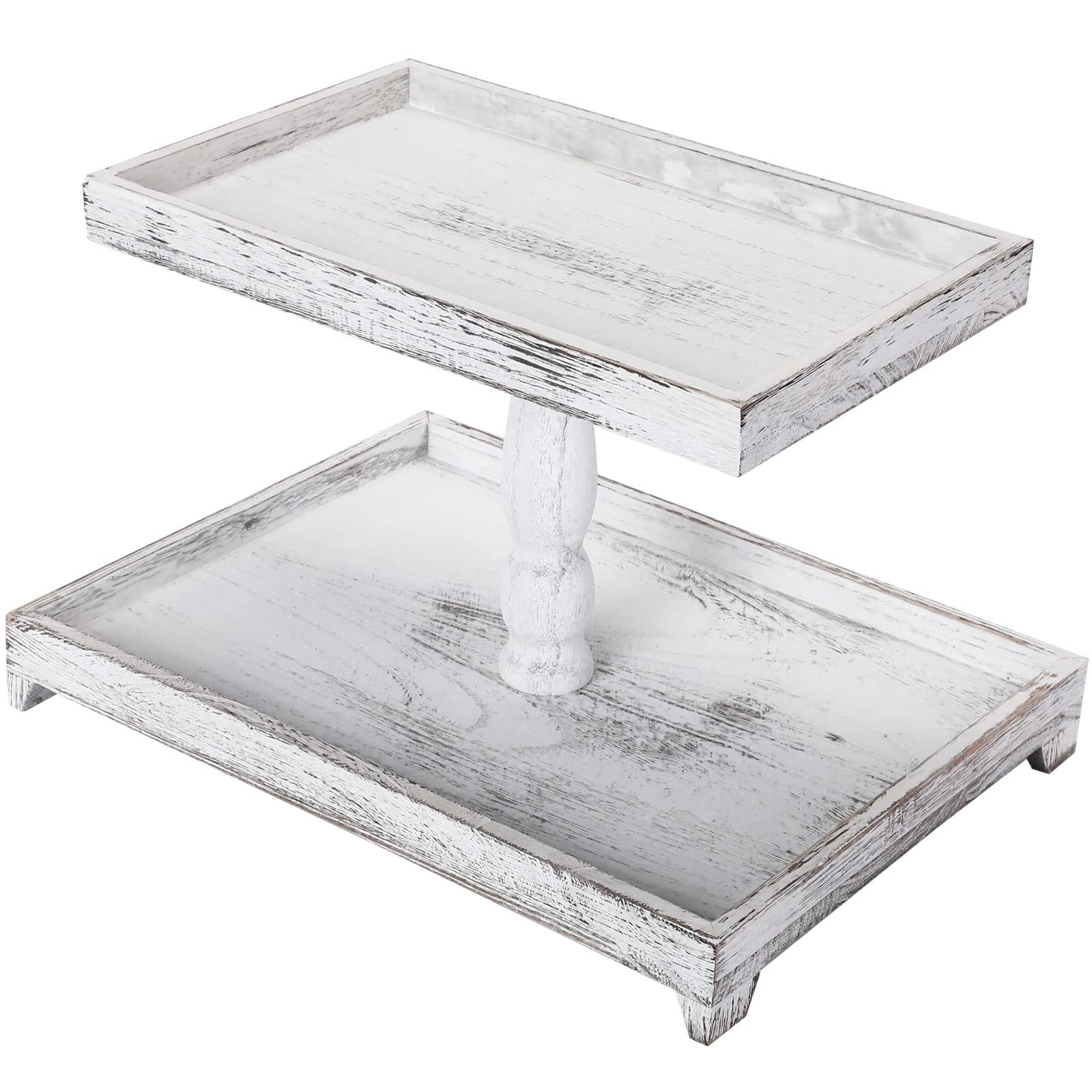 Photo 1 of Yalikop Farmhouse Tiered Tray Stand - Wooden Rustic 2 Tier Rectangular Tray Serving Stand for House Kitchen Cake(White)