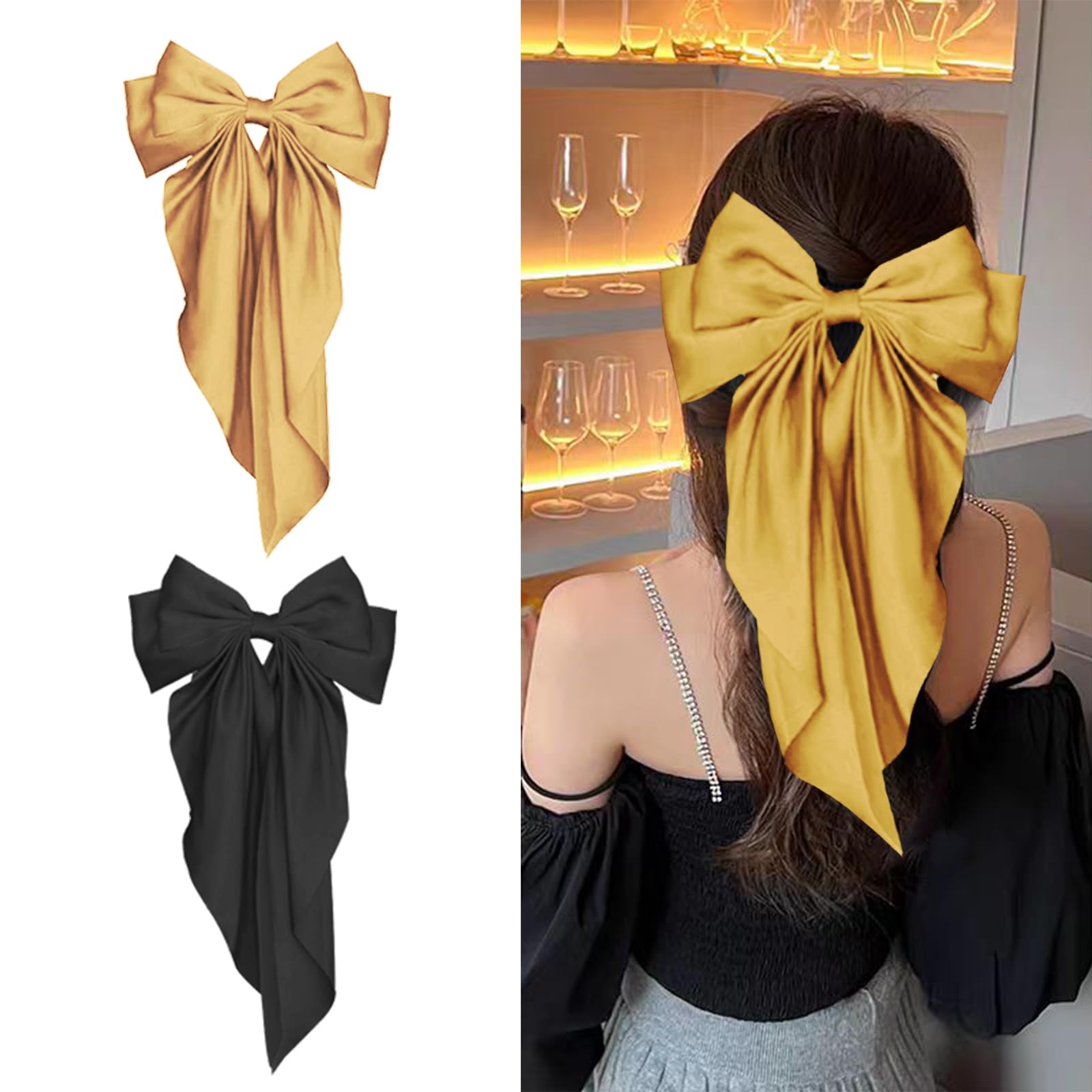 2Pcs Big Bow Hair Clips, Long Tail French Hair Bows for Women Girls, Satin Silky Hair Barrette, Bow Up Accessories for Holiday day,Daily Use (Black and champagne Black and champagne)