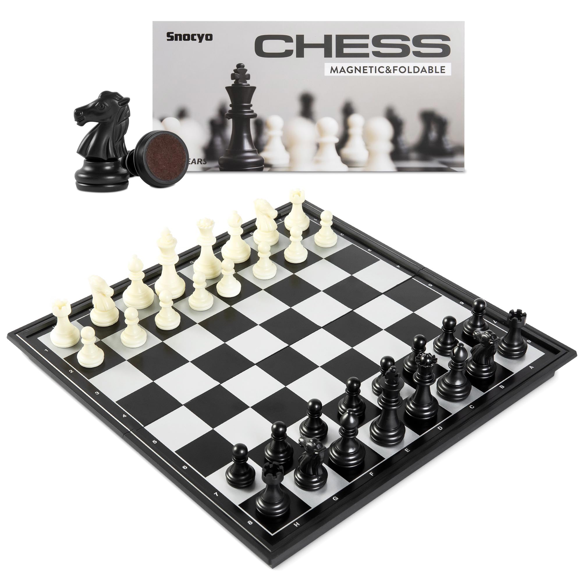 Snocyo Chess Set, Magnetic Folding Travel Chess Board with Pieces for Kids and Adults, Educational Board Games Gifts (Black/White)