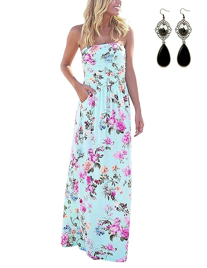 carinacoco Damen Bandeau Bustier Kleider mit Blüte Drucken Lange Sommerkleid Strandkleider Maxikleider Cocktailkleid