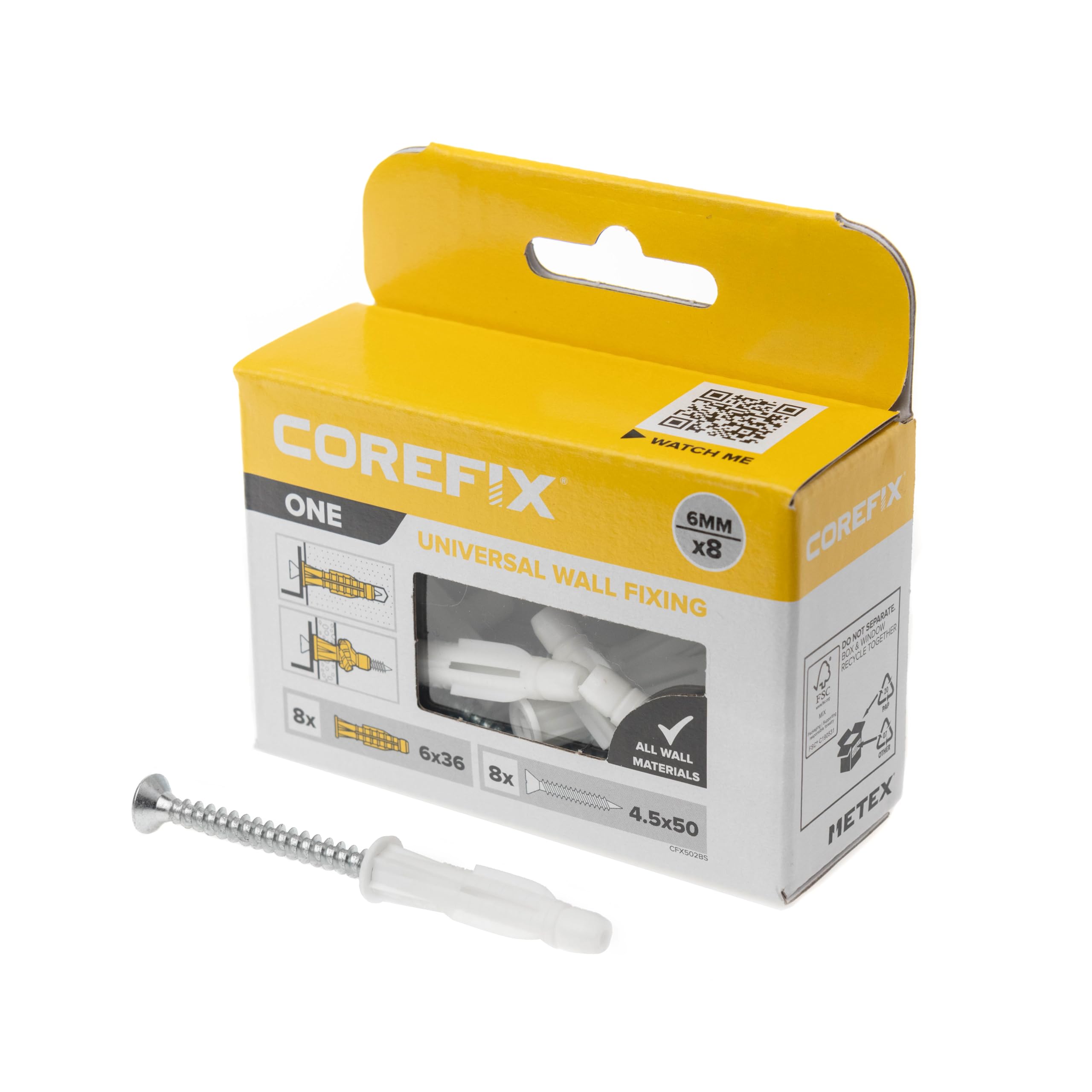 Corefix ONE Universal Wall Plugs & Screws Pack of 8, Medium Duty (60kg in masonry) Wall Fixing Suitable For All Wall Types. Perfect For Mounting Shelves, Hanging Pictures And Securing Electrical Boxes