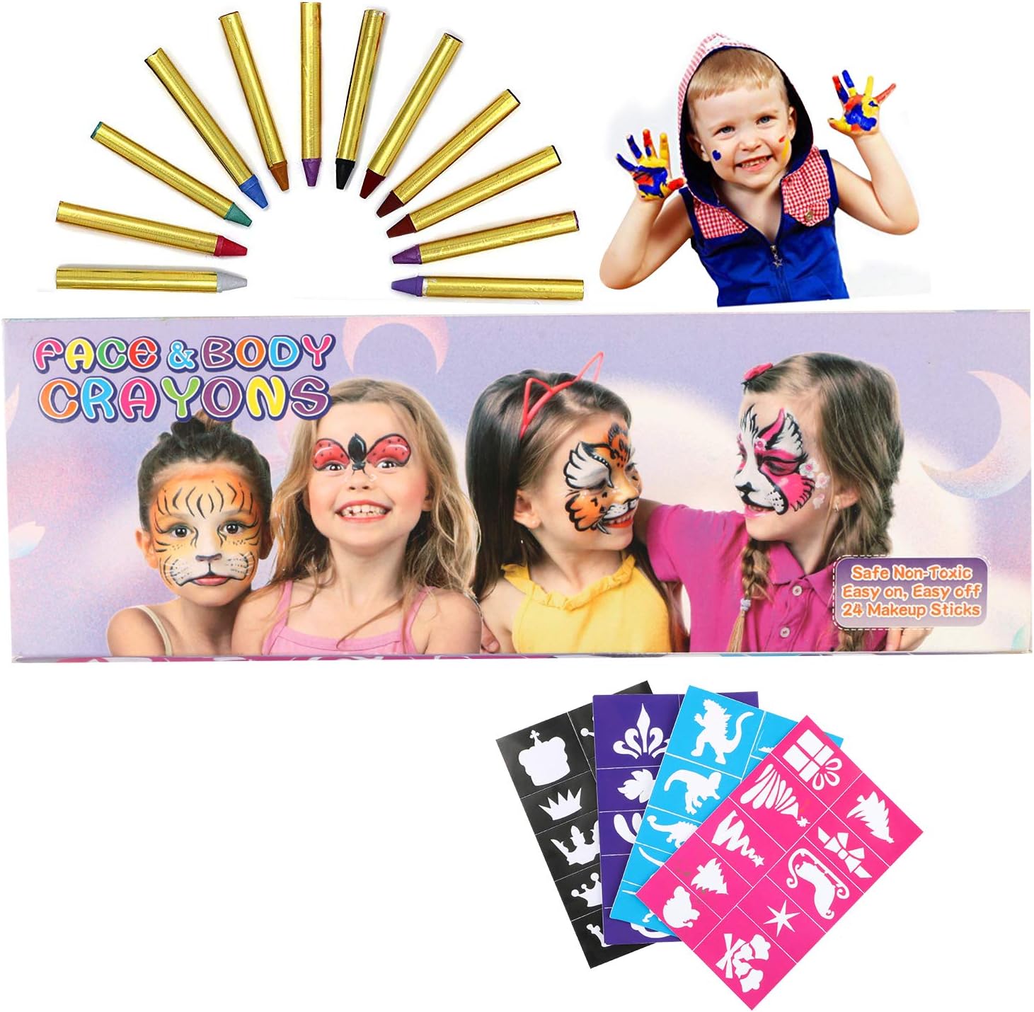 WOSTOO Face Paint, 24 Colors Face Painting Crayons Tattoo Crayons Non-Toxic Face Painting Pens Sticks for Kids, Toddlers Painting Face, Party, Halloween Makeup