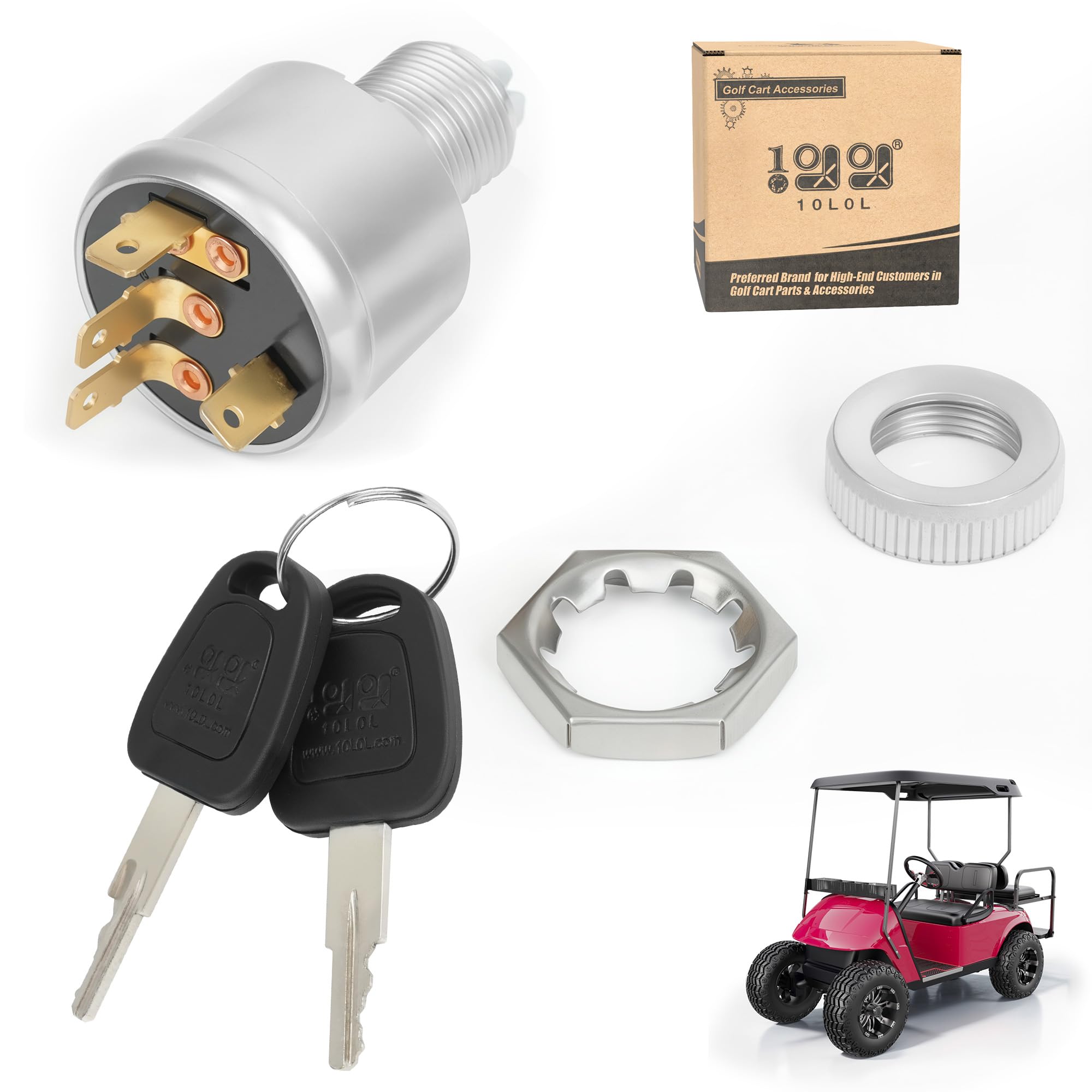 Photo 1 of 10L0L Golf Cart Starter Ignition Key Switch for EZGO Electric Golf Cart 33639G01, 4 Terminal Prongs (Standard Key)