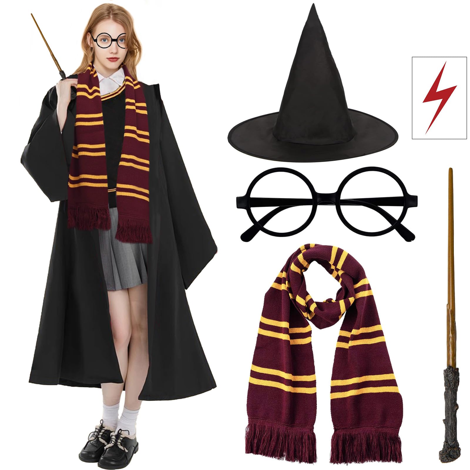 7 Pcs Wizard Costume Set for Adult, Wizard Fancy Dress Harry Cosplay Accessories Outfit with Robe Scarf Glasses Tattoo Sticker Wand Tie Magic School Uniform for World Book Day Halloween Cosplay (S)