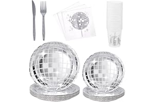 DUALSHINE 175Pcs 70s Disco Party Supplies Disco Plates Disco Napkins Disco Paper Cups Knife and Fork Disco party Decorations for Wedding Birthday Picnic 80s 90s Disco Bachelorette Party（Silver）