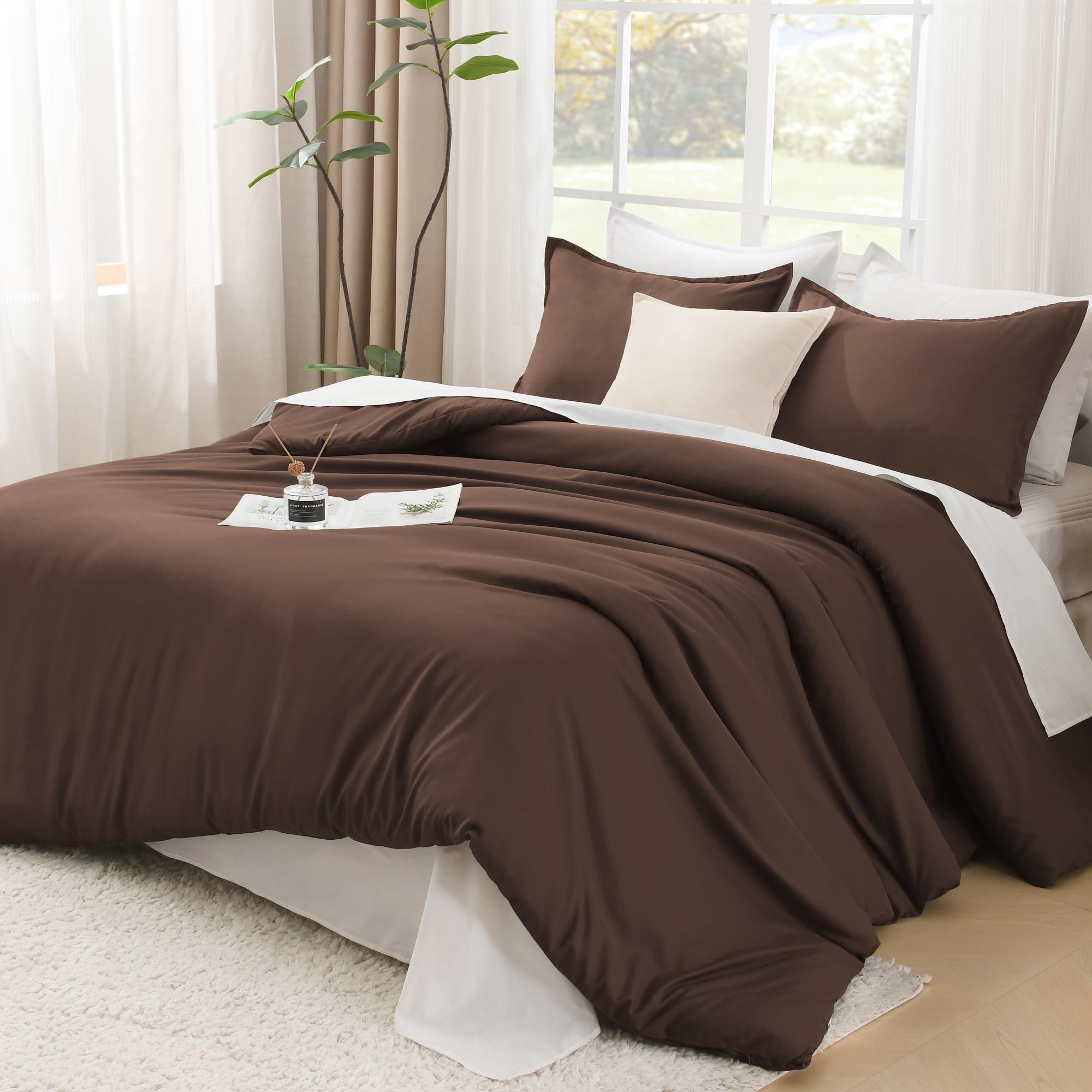 Photo 1 of Litanika Brown Comforter Set Queen Size, 3 Pieces Lightweight Solid Bedding Comforter Set, All Season Fluffy Bed Set (90x90In Comforter & 2 Pillowcases)