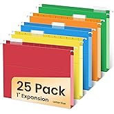 SUNEE Hanging File Folders Extra Capacity Assorted Colors, 25 Pack Letter Size File Folders with 1/5-cut Tabs, Heavy Duty 1 Inch Expansion, Stay Organized for Your Home and Office Bulk File