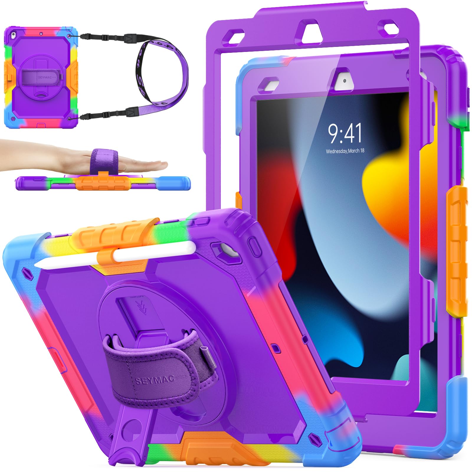 SEYMAC stock Case for iPad 9th/8th/7th Generation (10.2 Inch) 2021/2020/2019, Heavy Duty Shockproof with Screen Protector, 360° Rotating Stand/Hand Strap, Pencil Holder & Shoulder Strap, Purple+Camo — image 1