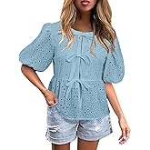 FARORO Women's Summer Dressy Casual Tops Short Puff Sleeve Babydoll Peplum Blouse Bow Tie Front Hollow Out Lace Shirts