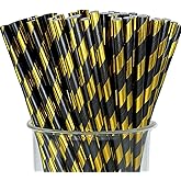 FsLvniu Gold Straws [100 Pack] Biodegradable Disposable Black & Gold Paper Striped Straw for Birthdays, Coffee, Cocktail, Weddings, Bridal, Baby Shower, DIY Decorations, Party Supplies